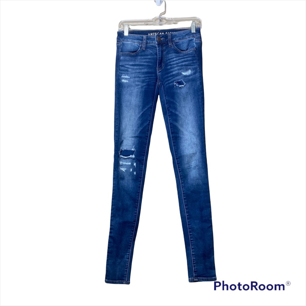 American eagle dark wash distressed mid rise jegging 2 extra long tall